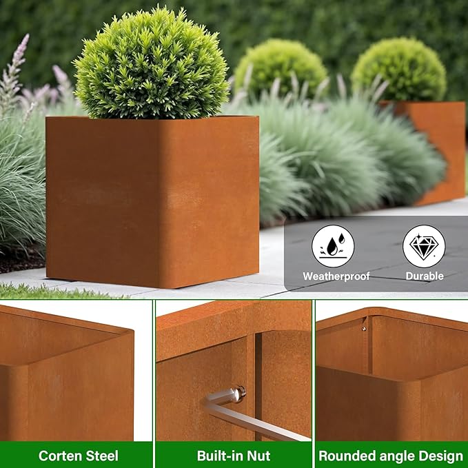 Corten Steel Planter Box 24" L x 24" W x 24" H, Large Metal Square Planter - Image 4