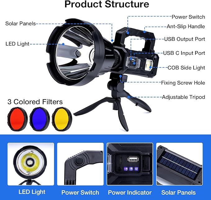 Solar Rechargeable Spotlight 3, 000L High Lumens, Super Bright Led Spot Lights - Image 6