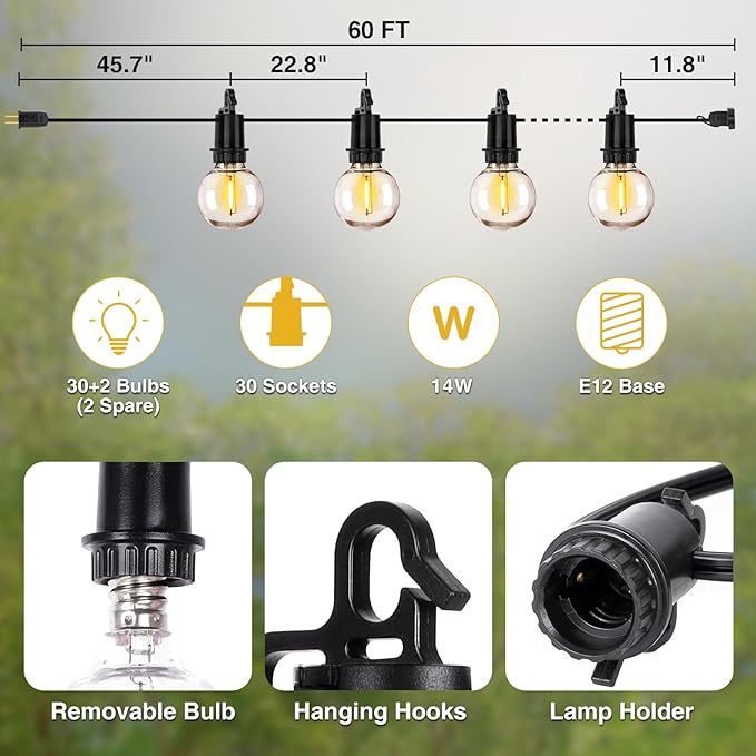 ZJOJO 60FT Outdoor String Lights, G40 Globe Outdoor Lights - Image 2