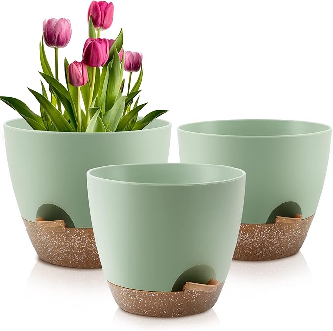 Plant Pots 10/9/8 Inch Self Watering Pots, Plastic Flower Pots, Nursery by QRRICA