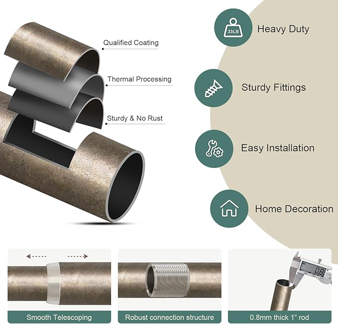 Retro Silver Curtain Rods for Windows 66 to 120 Inches Adjustable Length Heavy - Image 7