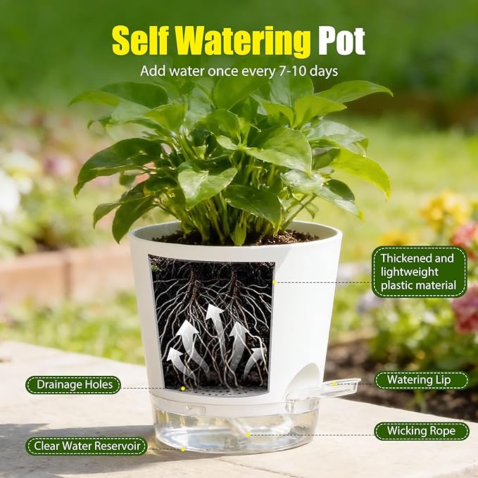 Plant Pots 5 Inch Self Watering Pots, 6 Pack Plastic Planters - Image 4