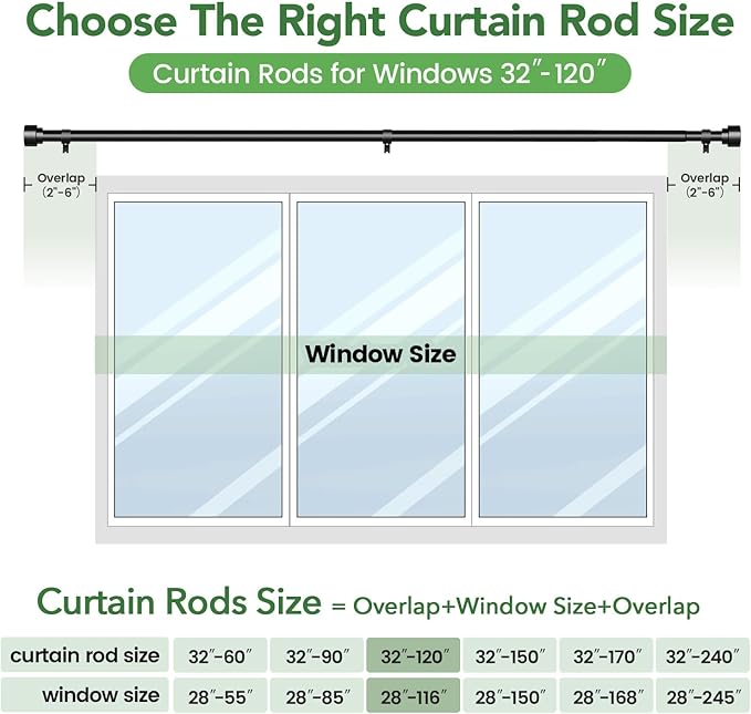2 Pack Curtain Rods for Windows 66 to 120, 1 Inch Black Adjustable Heavy Duty - Image 7