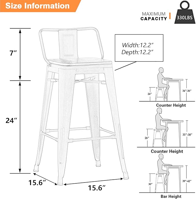 Yongchuang 24 inch Metal Bar Stools Set of 4 Counter Height Barstools Farmhouse - Image 3