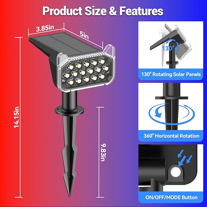 WdtPro 2 Pack Solar Color Changing Spot Lights, 10 Lighting Modes Solar Lights - Image 7