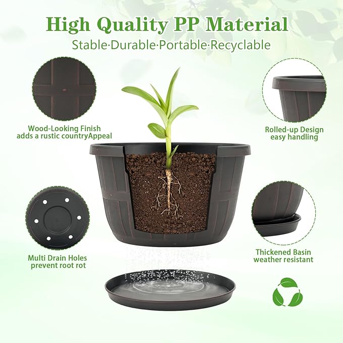 Quarut 16 Inch Brown Classic Plastic Whiskey Barrel Planters Set of 4 - Image 2