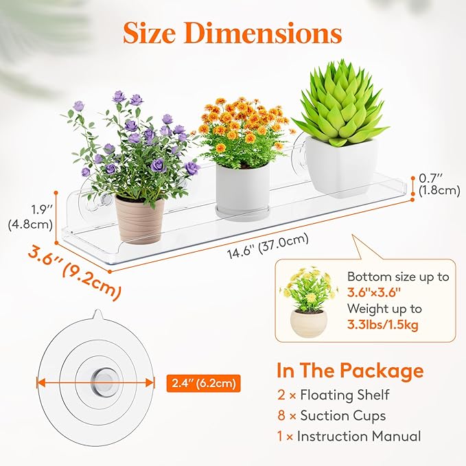 Lifewit Window Plant Floating Shelves 14.6x3.6, 3 Pack Acrylic Suction Cup Shelf - Image 3