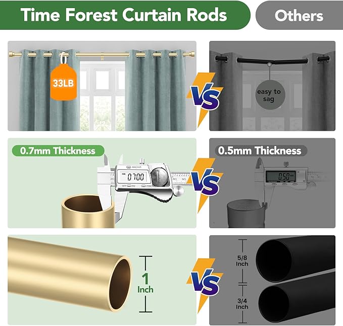 Curtain Rods for Windows 72 to 144, 1 Inch Adjustable Gold Heavy Duty Long - Image 8