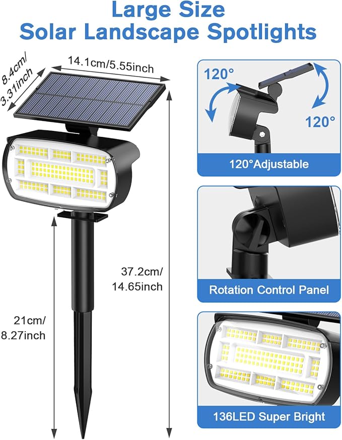 Fabrito Large Solar Spot Lights Outdoor 2 Pack, 1000 Lumens High Brightness - Image 7