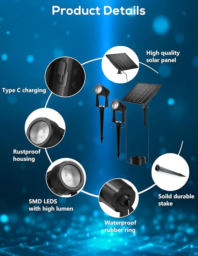 ZYAN Solar Landscape Spotlights, Separate Monocrystalline Panels & USB-C - Image 9