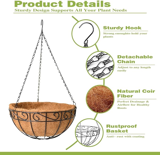 4 Pack 12 Inch Hanging Baskets for Plants Outdoor Metal Hanging Planter Hanging - Image 5