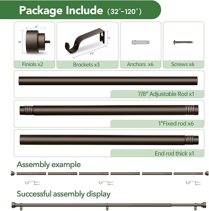 Curtain Rods for Windows 66 to 120, 1 Inch Adjustable Heavy Duty Long Window - Image 6