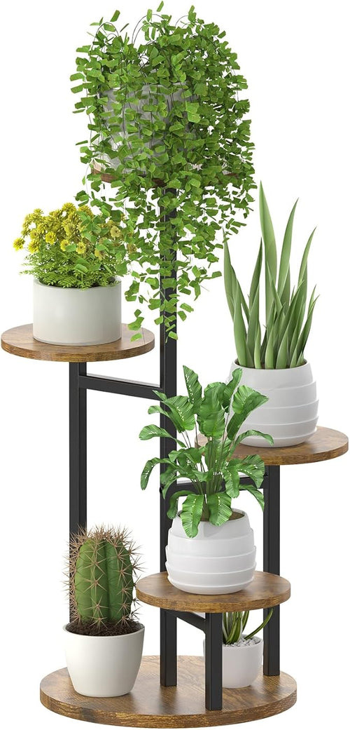 5 Tier Plant Stand Indoor, Metal Wood Flower Holder, Heavy Duty Tall Round by Oppro