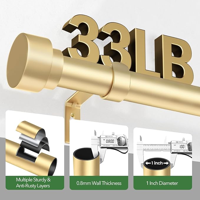 Curtain Rods for Windows 72 to 144, 1 Inch Adjustable Gold Heavy Duty Long - Image 4
