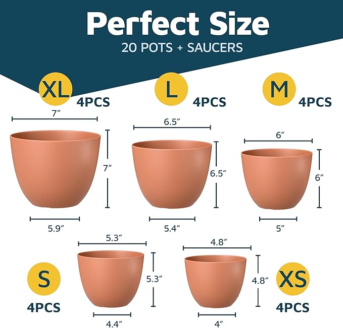 Terracotta Plant Pots with Drainage Holes & Saucers 20 Pack, Indoor & Outdoor - Image 2