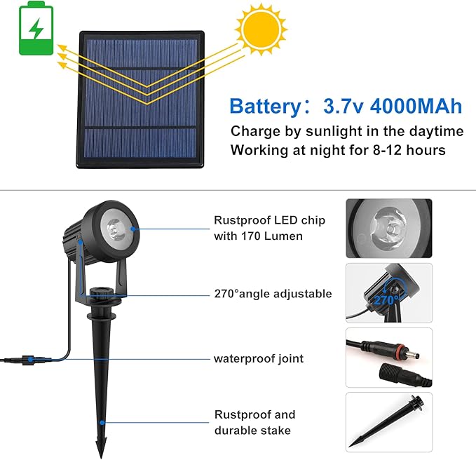 Solar Spot Lights Outdoor, Landscape Spotlights IP65 Waterproof 9.8ft Cable - Image 4