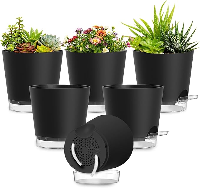 Plant Pots 5 Inch Self Watering Pots, 6 Pack Plastic Planters by SQKH