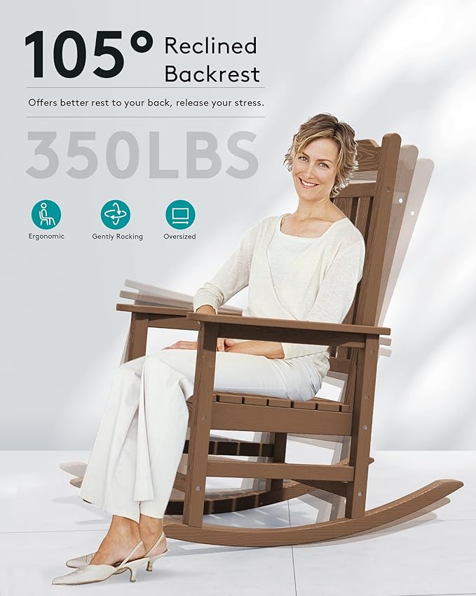 SERWALL Outdoor Rocking Chair Brown Set of 8, All Weather Patio Rocking Chair - Image 7