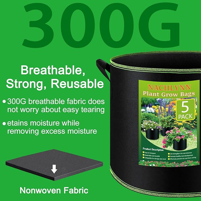 NACHLYNN 5-Pack 15 Gallon Grow Bags Thickened Nonwoven Fabric Pots Heavy Duty - Image 3