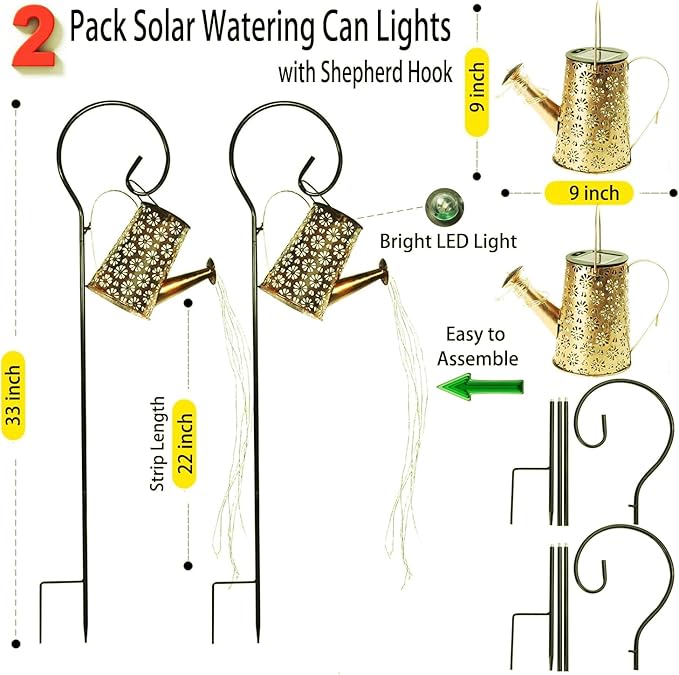 2 Pack Solar Watering Can with Lights, Solar Outdoor Garden Decor Waterproof - Image 5