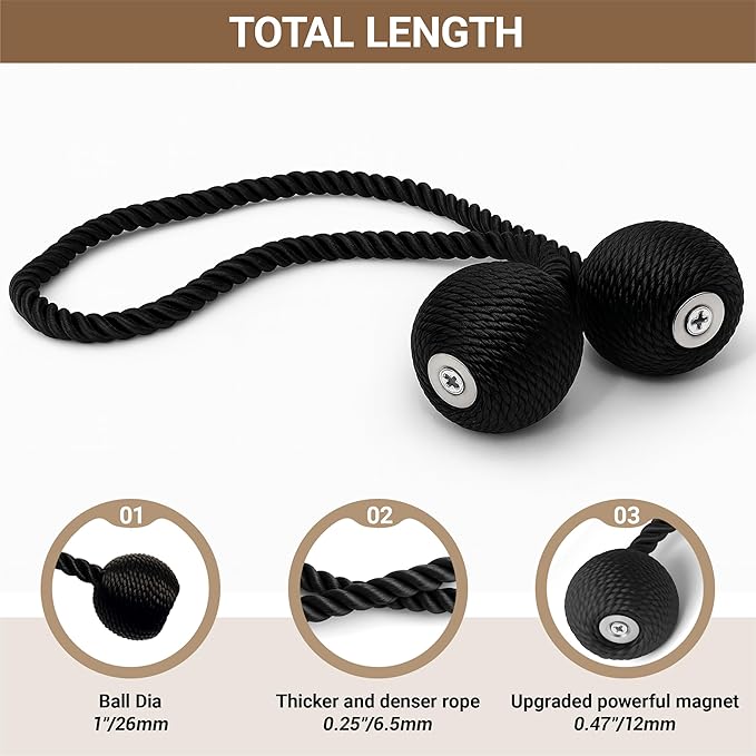 Hion Magnetic Curtain Tiebacks Black 6 Pack, Curtain Tiebacks Buckles Holdbacks - Image 2