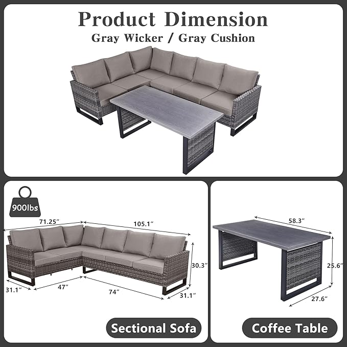 Belord Outdoor Sectional Sofa 6 Seater L Shaped Couch Wicker Patio Conversation - Image 2