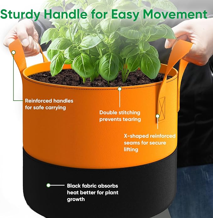 5-Gallon Grow Bags: 6 Pack Heavy Duty 350G Thickened Fabric Pots Nonwoven Felt - Image 5