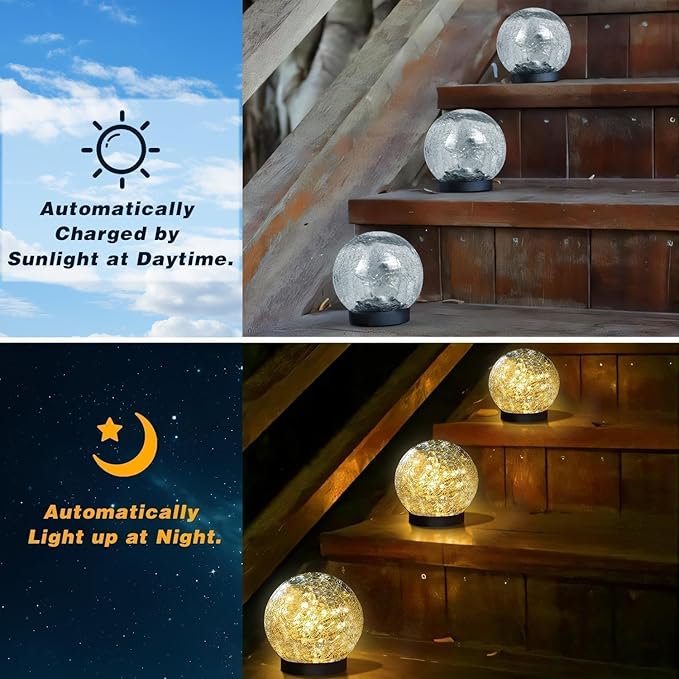 Solar Garden Lights Outdoor Waterproof, 6 Pack LEDs Cracked Glass Ball Light - Image 3