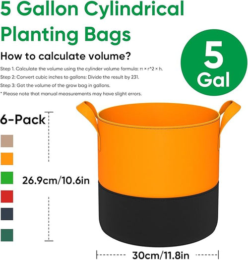 5-Gallon Grow Bags: 6 Pack Heavy Duty 350G Thickened Fabric Pots Nonwoven Felt - Image 2