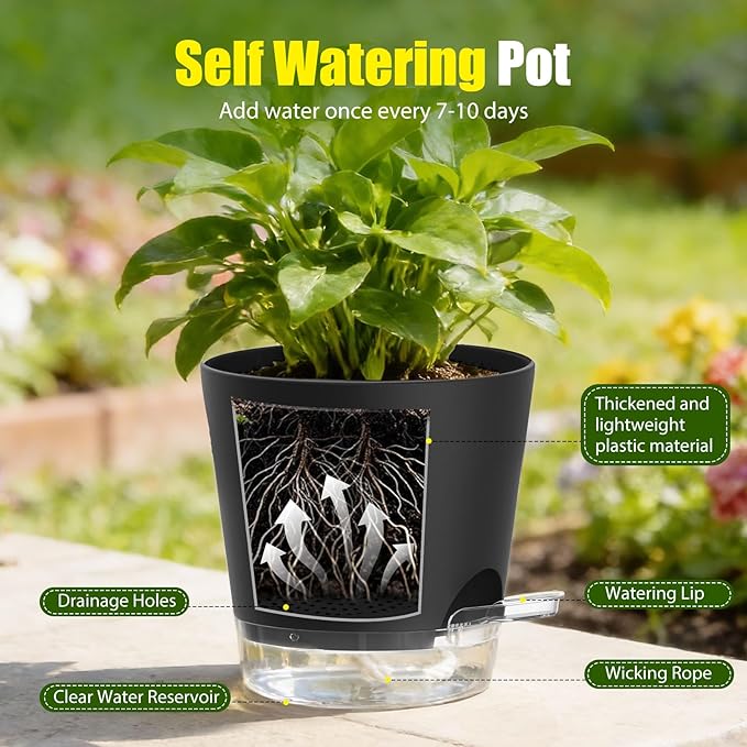 Plant Pots 5 Inch Self Watering Pots, 6 Pack Plastic Planters - Image 4