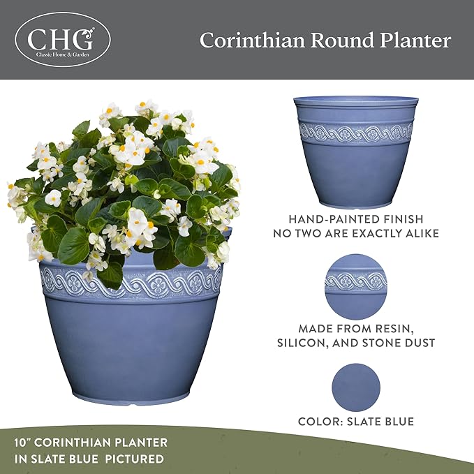 Classic Home and Garden Corinthian Round Resin Flower Planter Pot, Slate Blue 8" - Image 2