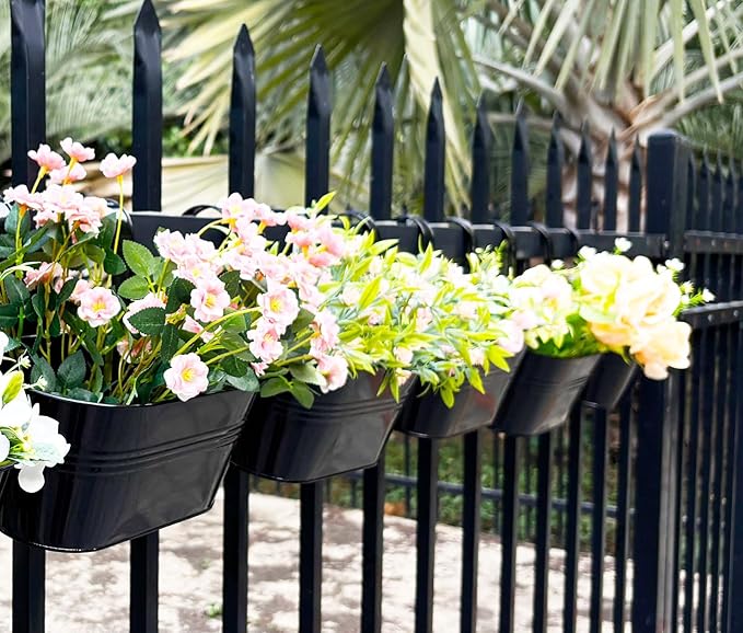 2 Pack Metal Hanging Planter for Outdoor Plants, 10 Inch Black Fence Planters - Image 2