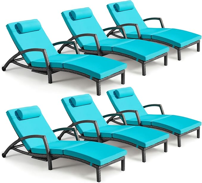 Chaise Lounge Chairs Outdoor Set of 6, Comfy Outside Wicker Patio Pool Lounge by ZZWHOM