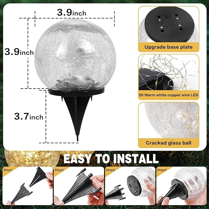 Solar Garden Lights Outdoor Waterproof, 6 Pack Cracked Glass Ball Light - Image 5