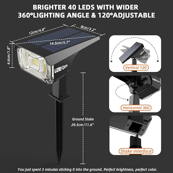 Solar Spot Lights, IP65 Waterproof 40 LED's Landscape Spotlights, 3 Modes - Image 6