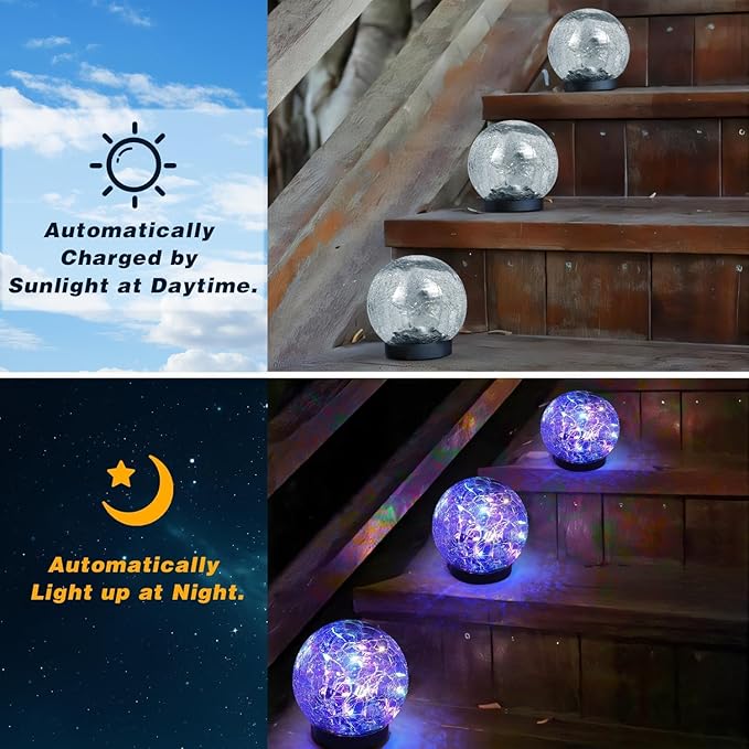 Solar Garden Lights Outdoor Waterproof, 4 Pack Cracked Glass Ball Light - Image 2