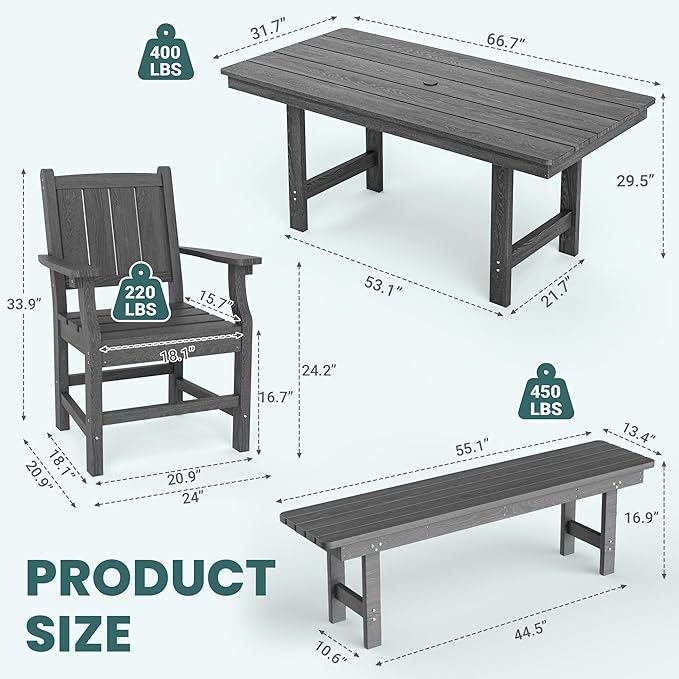 Pamapic 5 PCS Outdoor Dining Set, Spacious HDPE Outdoor Table and Chairs - Image 6