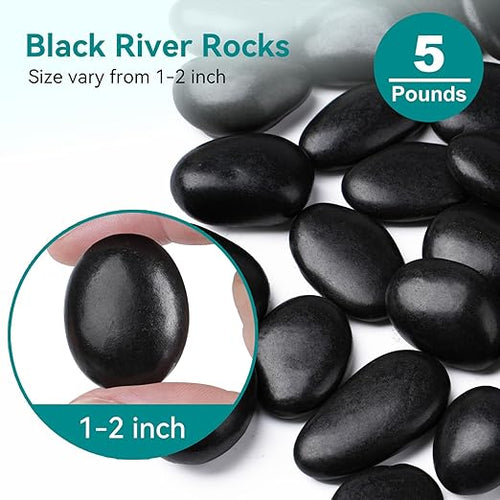 5 lbs Black Rocks for Planters, Polished Garden Stones for Outdoor Landscaping - Image 2