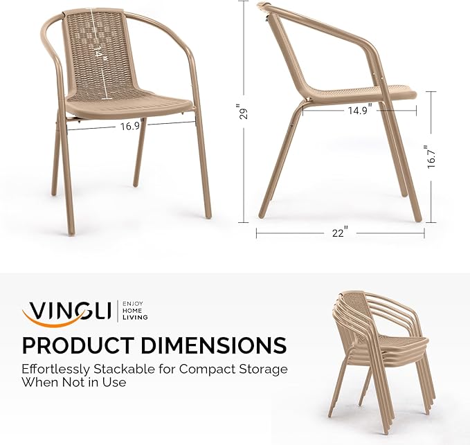 VINGLI PE Rattan Outdoor Dining Chairs Set of 2, Plastic Stackable Patio Chairs - Image 3