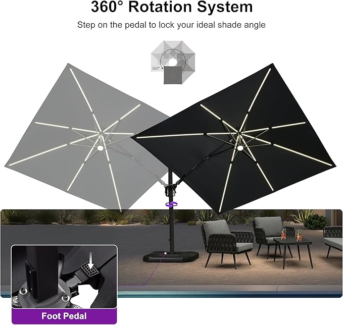 PURPLE LEAF 10 Feet Patio Umbrella Outdoor Cantilever Solar Powered LED Swivel - Image 8