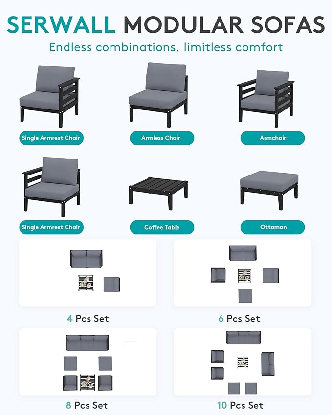 SERWALL HDPE Patio Furniture Set, 6 Pieces Outdoor Sectional Sofa Set, - Image 7