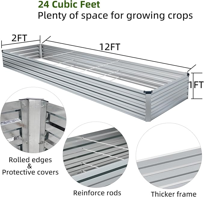 2 Pack 12x2x1FT Galvanized Raised Garden Beds Kit Outdoor Metal Gardening - Image 3