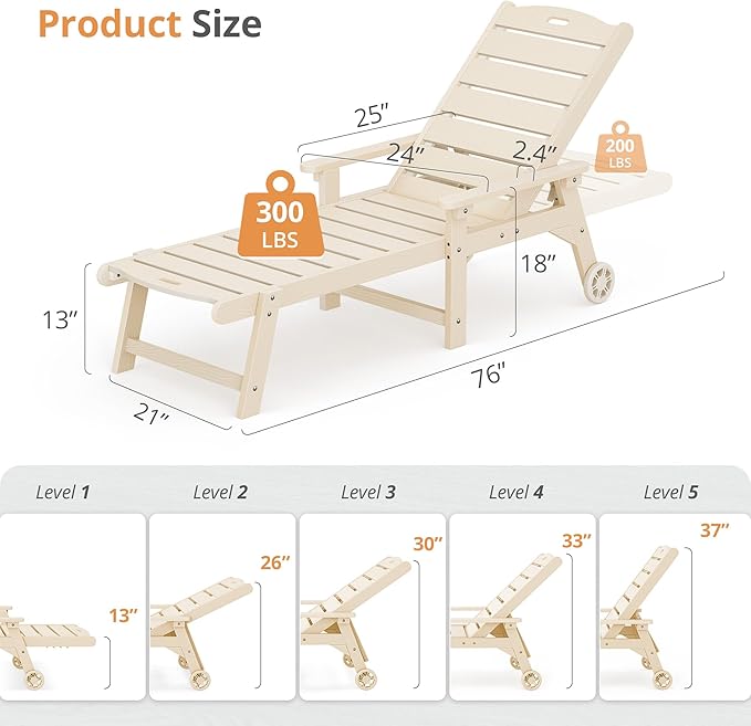 LUE BONA Outdoor Chaise Lounge, HDPS Chaise Lounger, 5 Positions Adjustable - Image 2