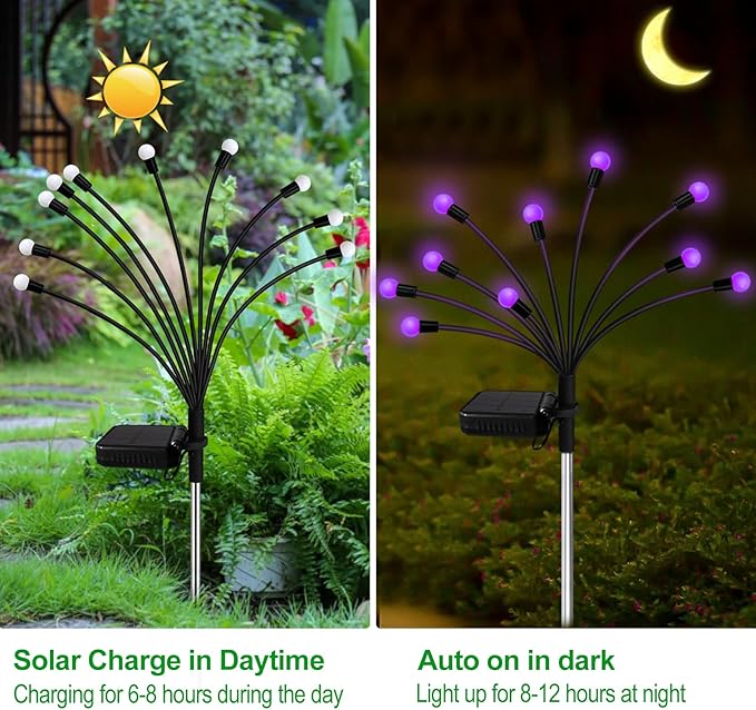 Kohlrabi Solar Garden Lights Outdoor, 6 Pack 60 LED Solar Purple Firefly Lights - Image 3
