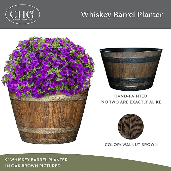 Classic Home and Garden Outdoor Whiskey Resin Flower Pot Barrel Planter - Image 2
