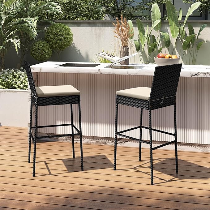 HAPPYGRILL Wicker Patio Barstools Set of 2, Outdoor Rattan Bar Chairs - Image 2