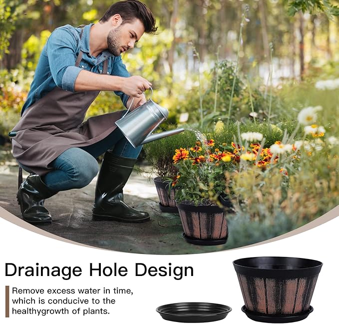 Quarut 8 inch Brown Plastic Whiskey Barrel Plant Pots Set of 4 - Image 4