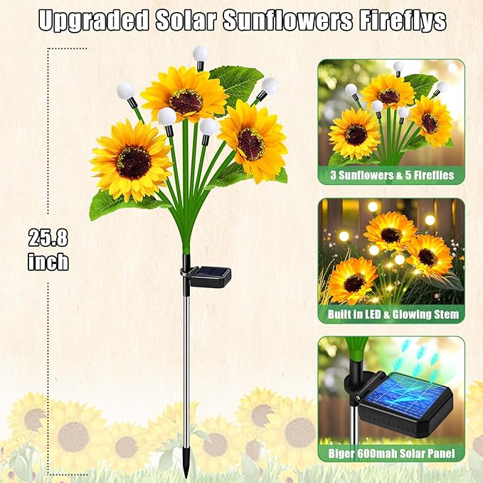Sunflower Solar Lights Outdoor Garden Decor, Upgraded 4 Pack Solar Sunflowers - Image 3