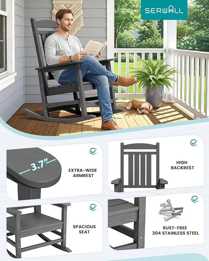 SERWALL Outdoor Rocking Chair Set of 4, HDPE Patio Rocking Chair, All-Weather - Image 5