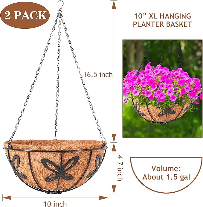 Hanging Baskets Planter for Plants, 2 Pack 10 Inch Round Metal Wire Hanging - Image 2